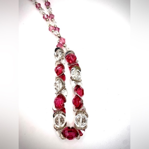 π
Ίantique Vintage pink and clear Czech faceted Glass Crystal Necklace silver tone - Picture 2 of 6